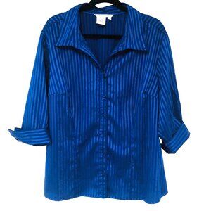 Fred David Blouse Women 2X Button Front 3/4 Metallic Striped Royal‎ Blue Office